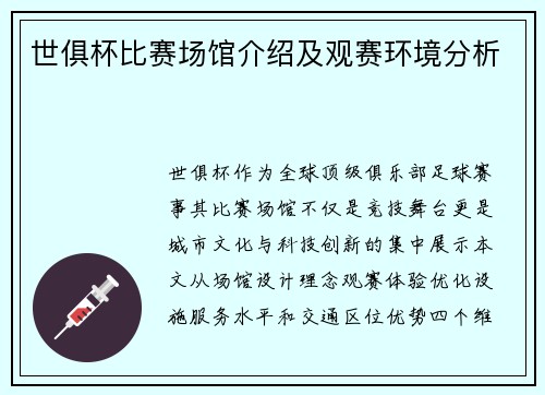 世俱杯比赛场馆介绍及观赛环境分析
