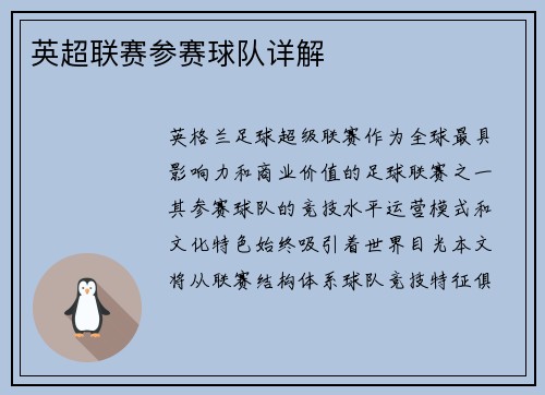 英超联赛参赛球队详解