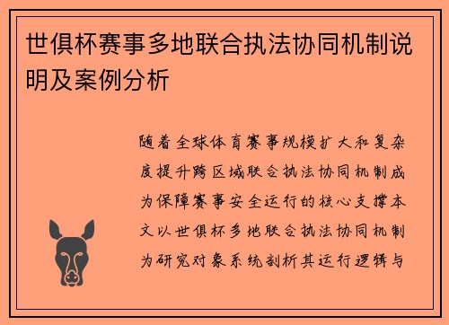 世俱杯赛事多地联合执法协同机制说明及案例分析