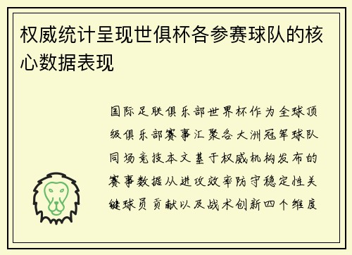 权威统计呈现世俱杯各参赛球队的核心数据表现
